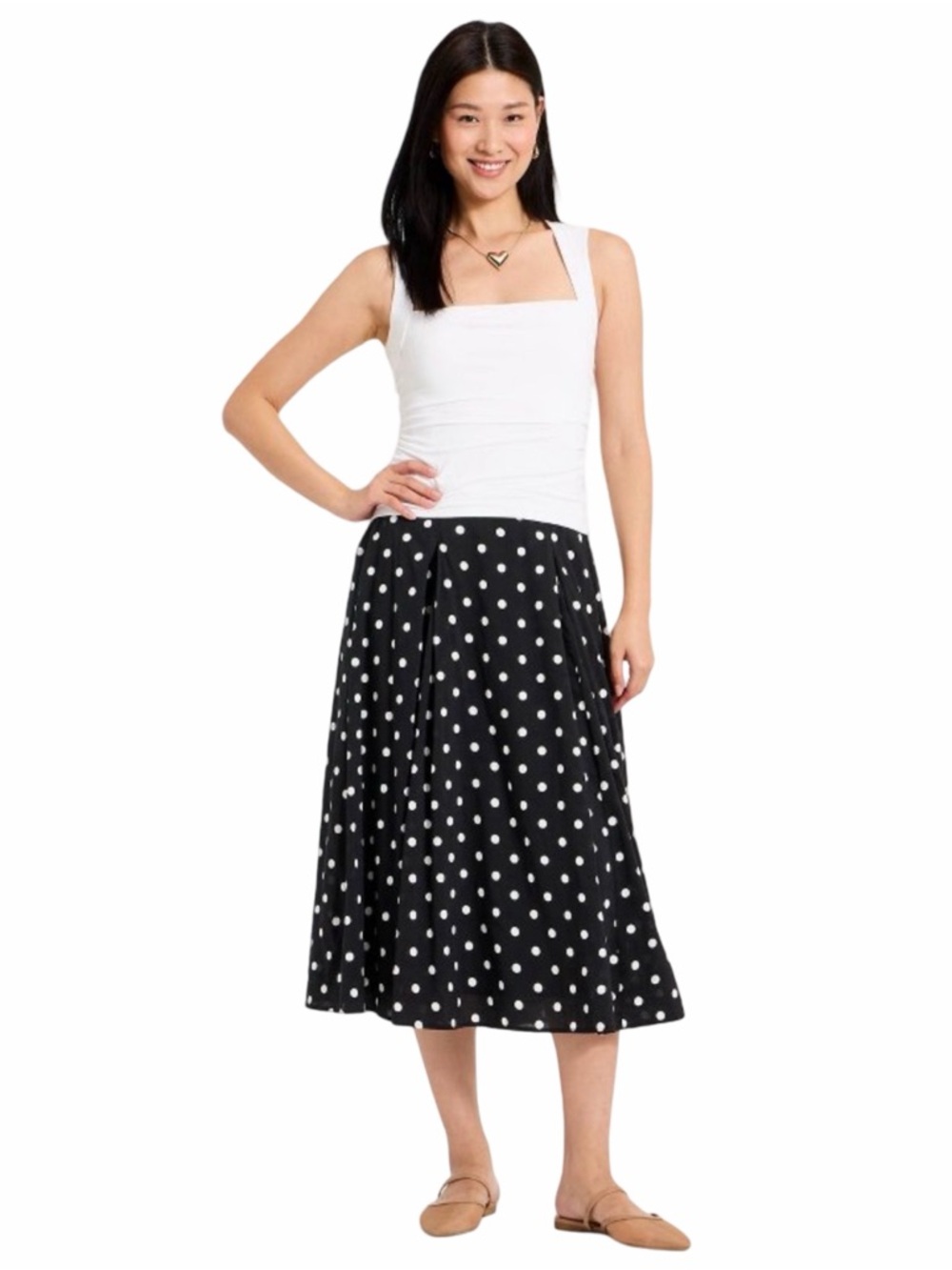 a new day Black and White Polka Dot A-Line Midi Skirt